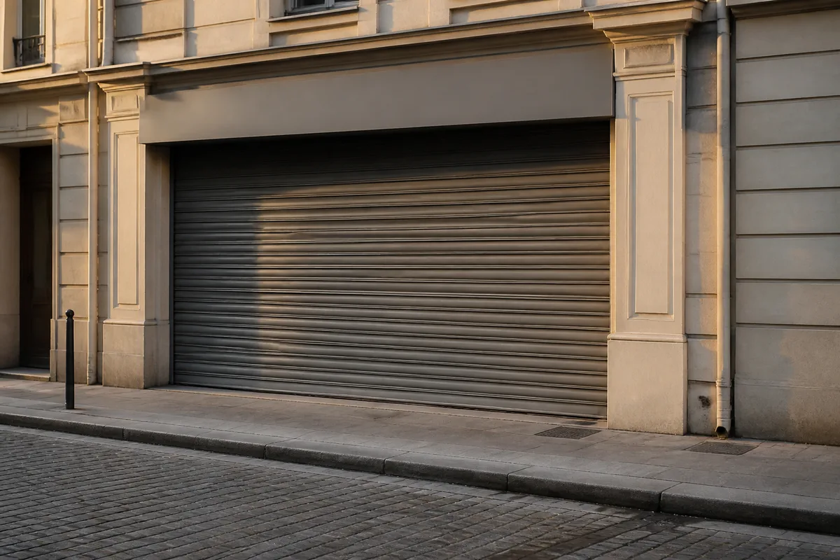 Vitrine de commerce fermée avec rideau métallique baissé en fin de journée, rue calme