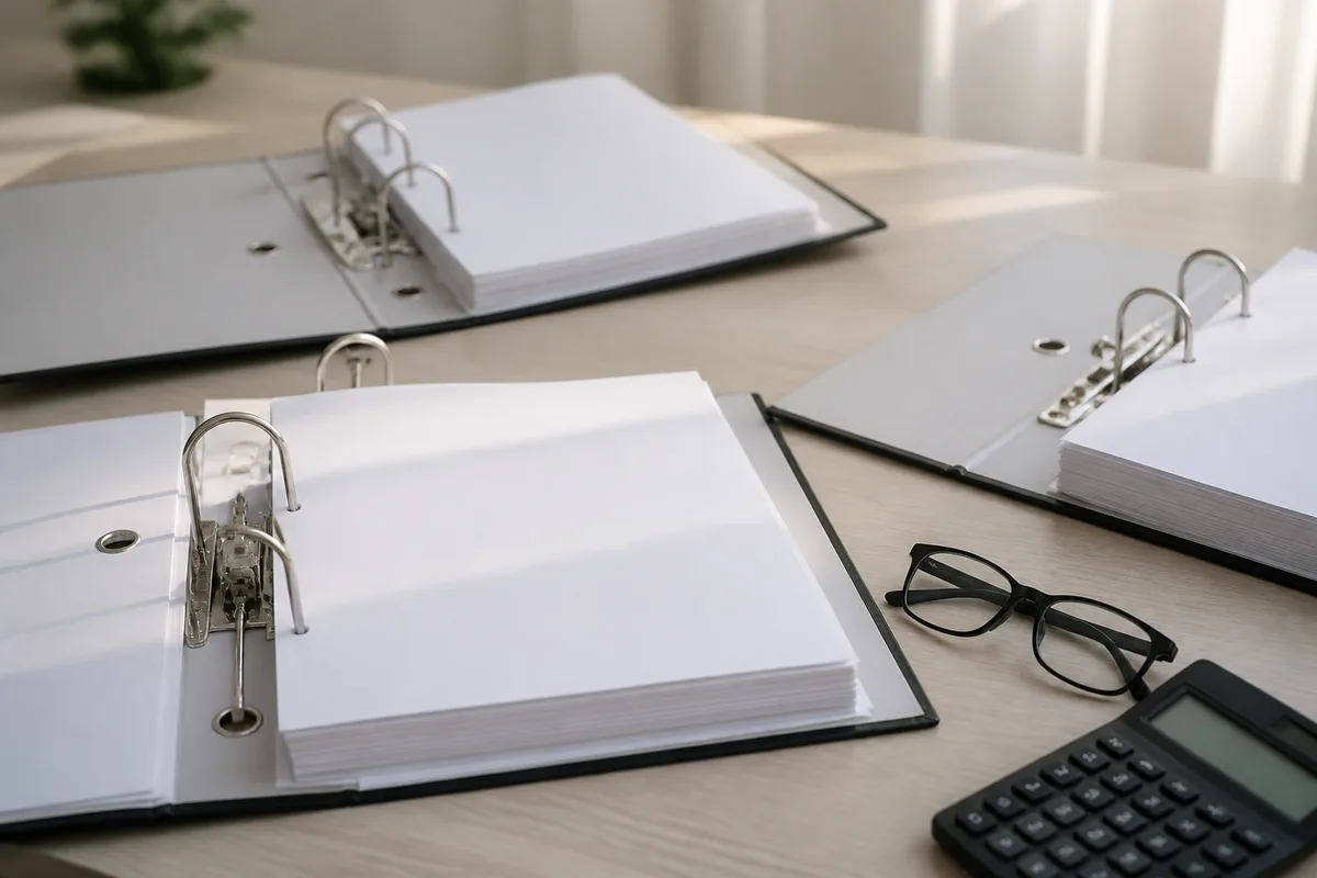 Bureau d’entreprise avec classeurs comptables ouverts et calculatrice posée sur des relevés