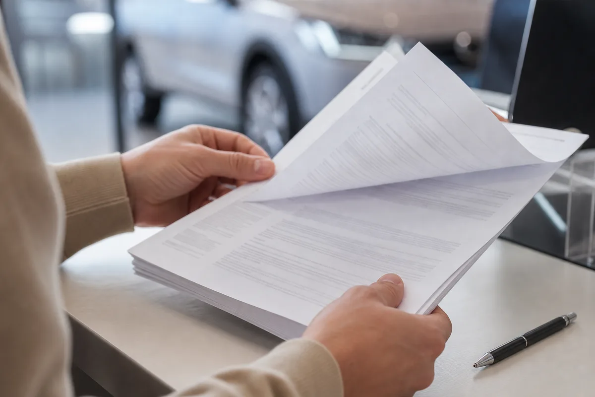 Client lisant un contrat de location au comptoir d’une agence
