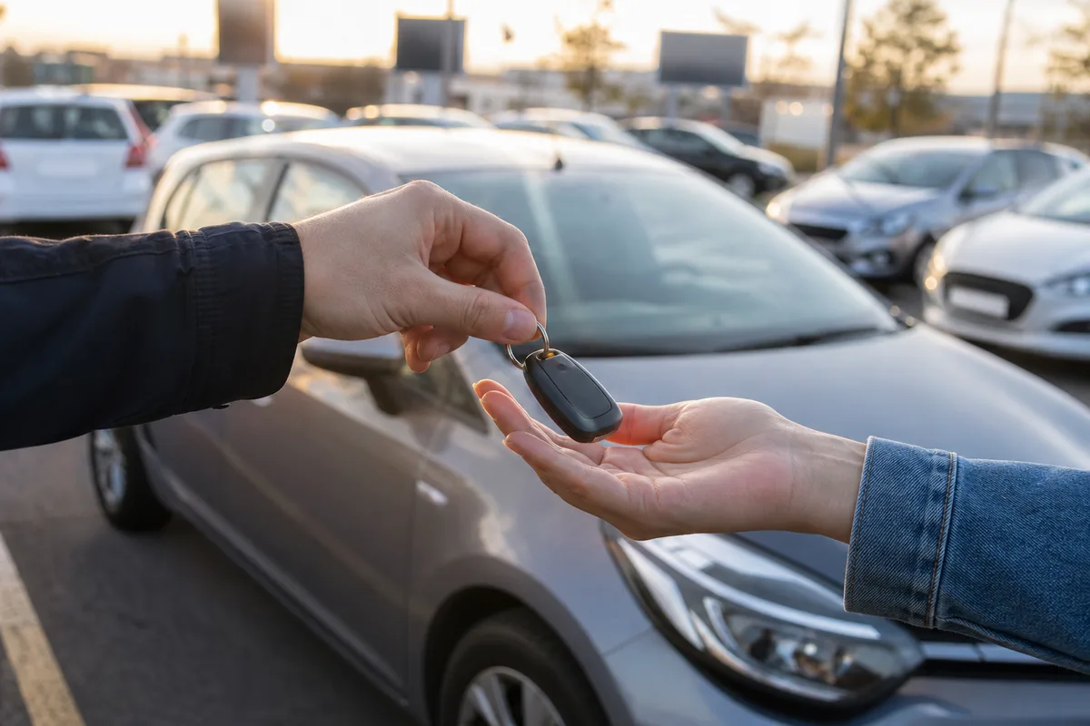 Remise des clés d’une voiture de location sur un parking d’aéroport