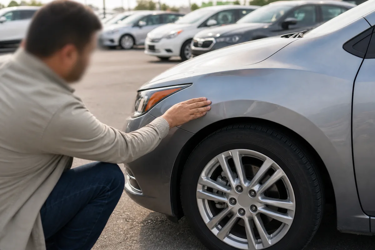 Inspection de la carrosserie d’une voiture de location avant le départ