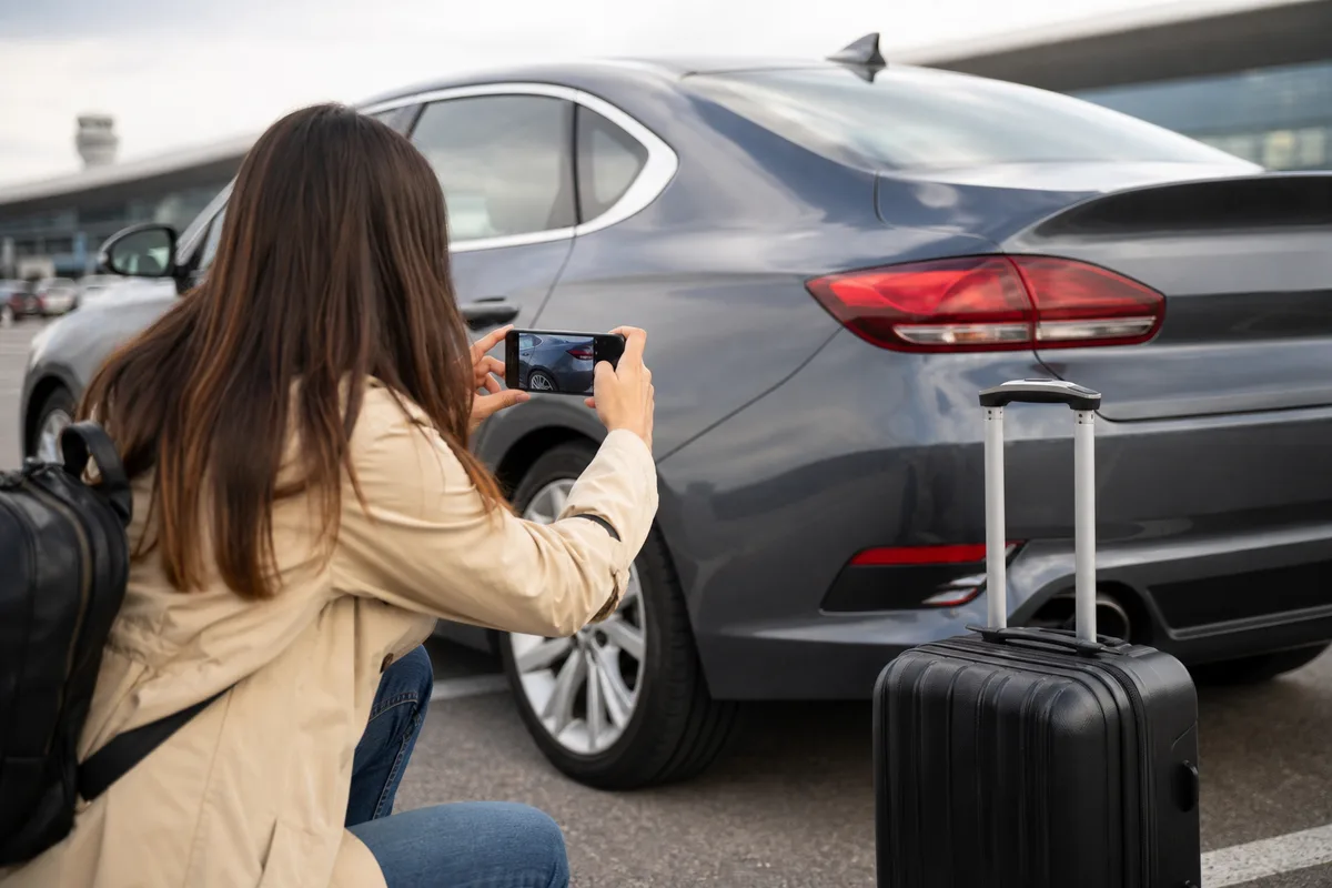 Voyageur photographiant une voiture de location avec son smartphone