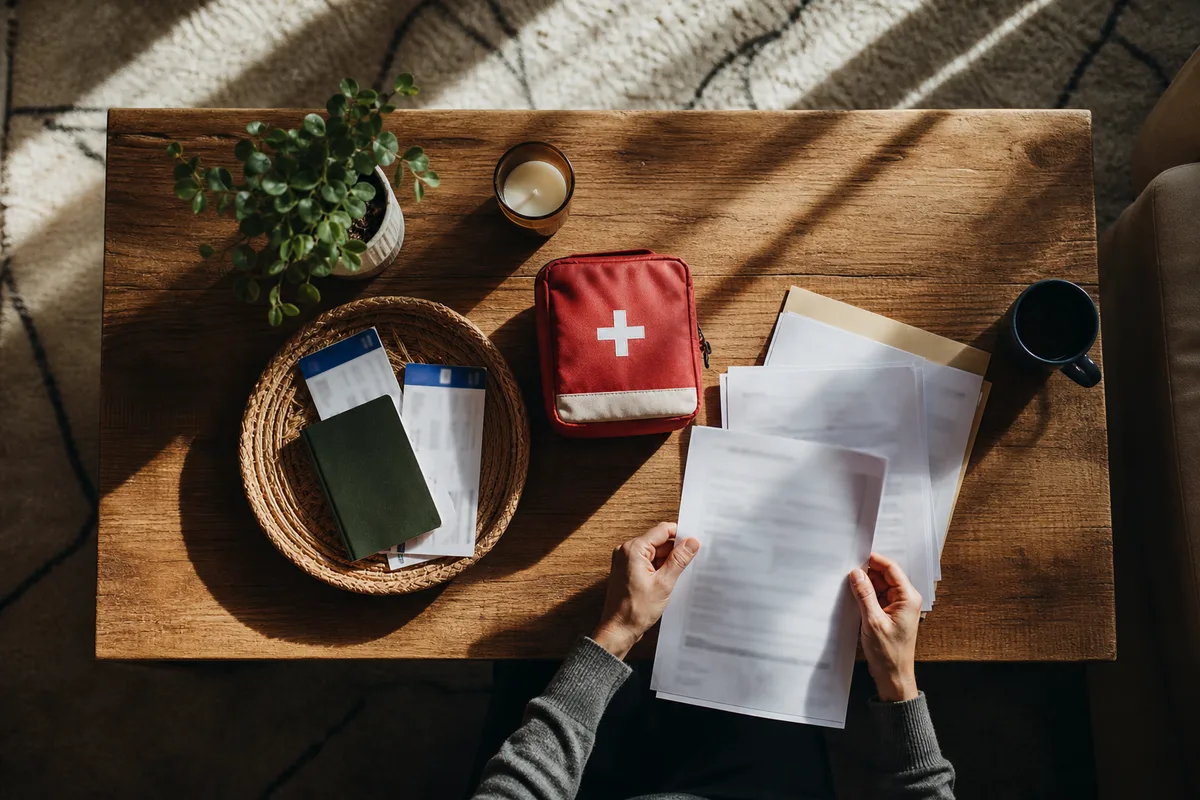 Passeport, billets et contrat d’assurance voyage posés sur une table avant un départ