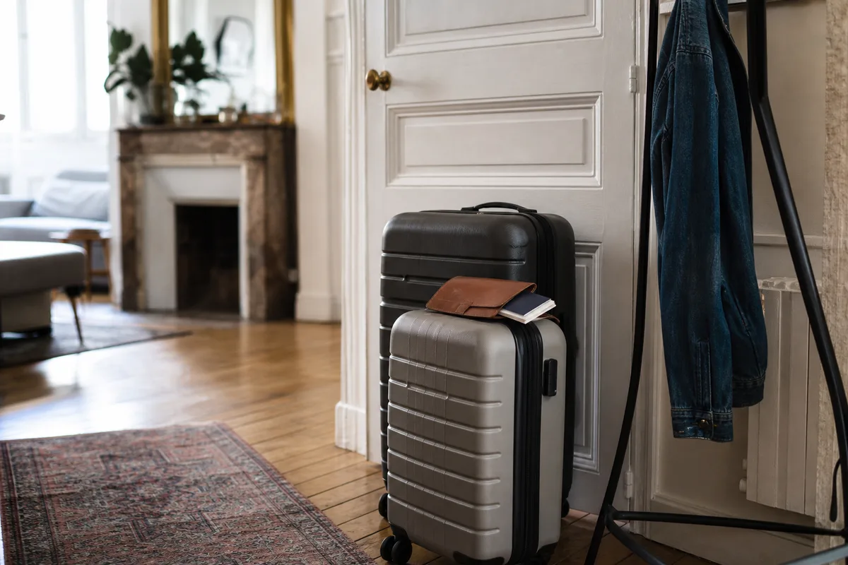 Valises préparées dans une entrée avec documents de voyage et attestation d’assurance