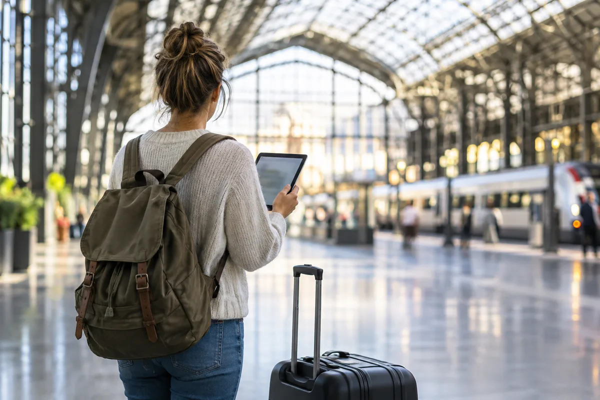 Voyageuse consultant des avis sur une tablette dans un hall de gare