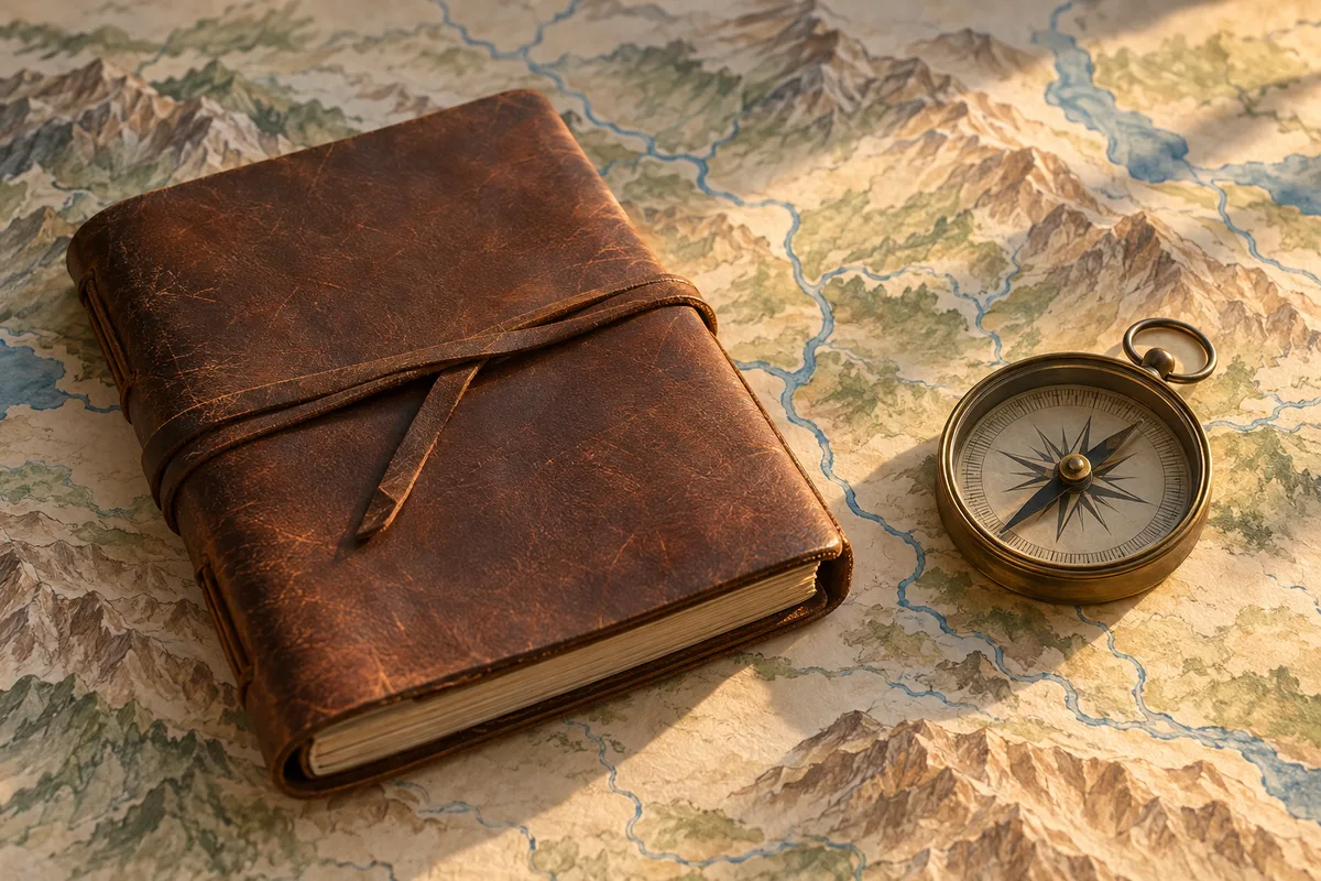 Carnet de voyage relié en cuir posé sur une carte illustrée avec une boussole