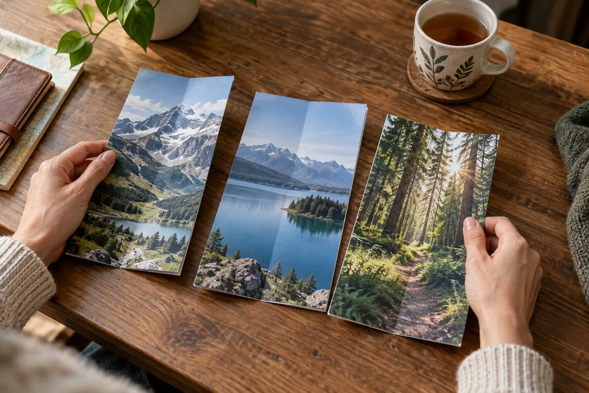 Mains comparant trois dépliants illustrés de paysages sur un bureau