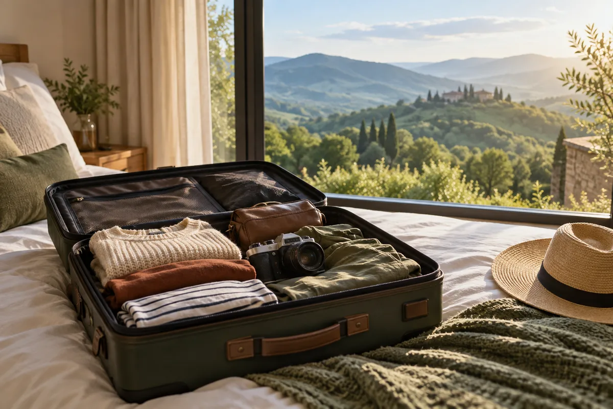 Valise ouverte près d’une fenêtre donnant sur des collines verdoyantes