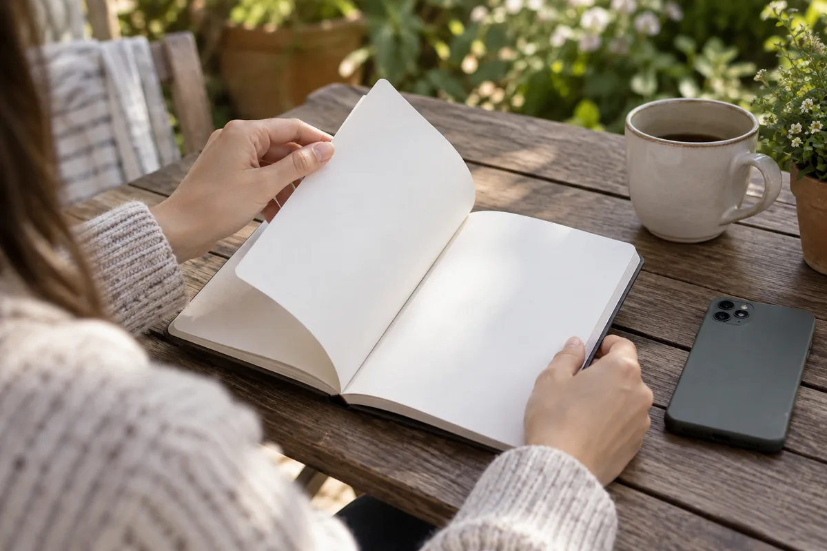 Mains qui feuillettent un carnet de notes à côté d&rsquo;un téléphone retourné sur une table de jardin