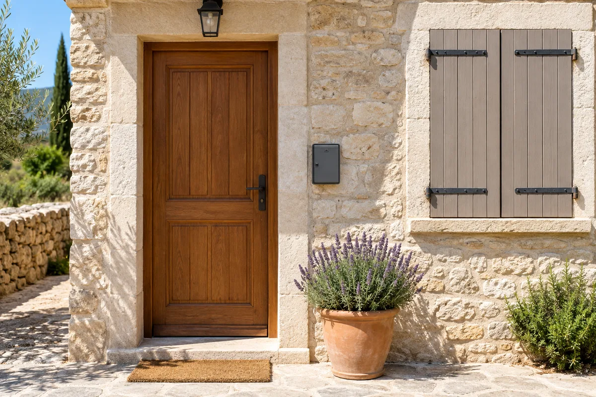 Façade en pierre d&rsquo;une maison de vacances aux volets clos avec une boîte à clés murale près de la porte