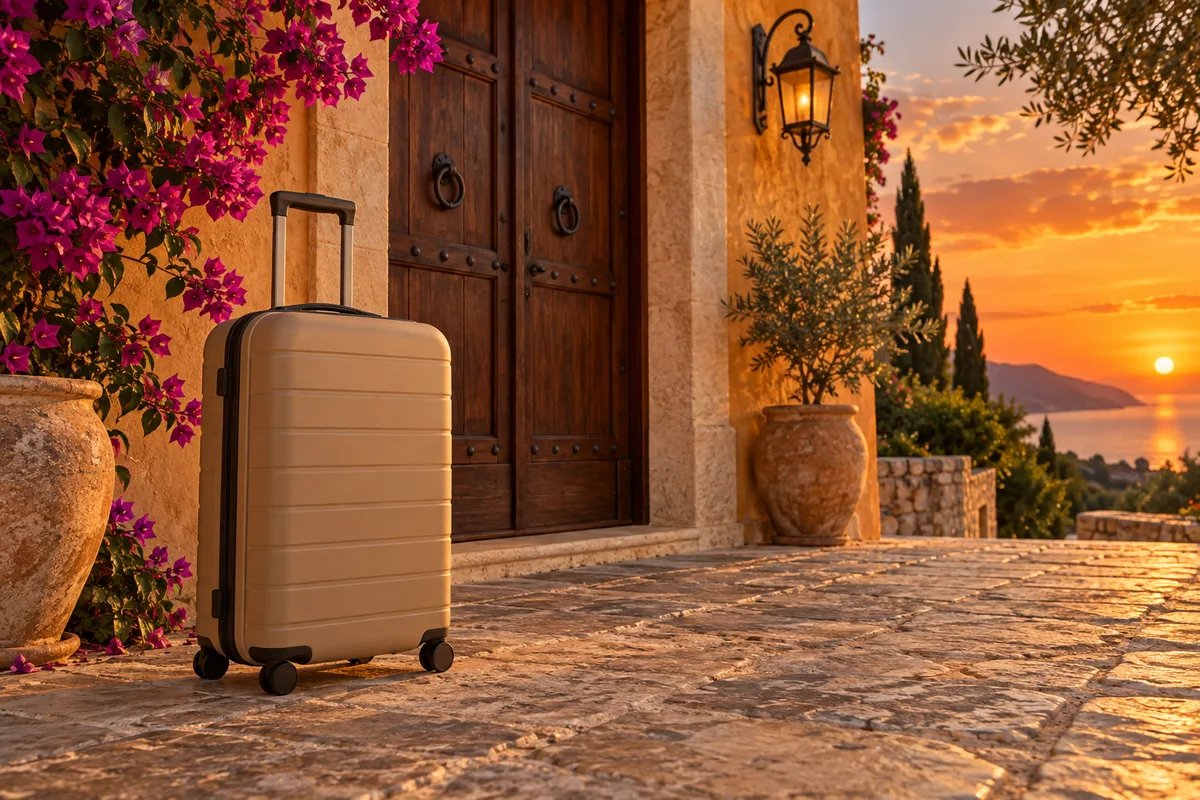Valise rigide posée devant la porte d&rsquo;entrée en bois d&rsquo;une villa au soleil couchant