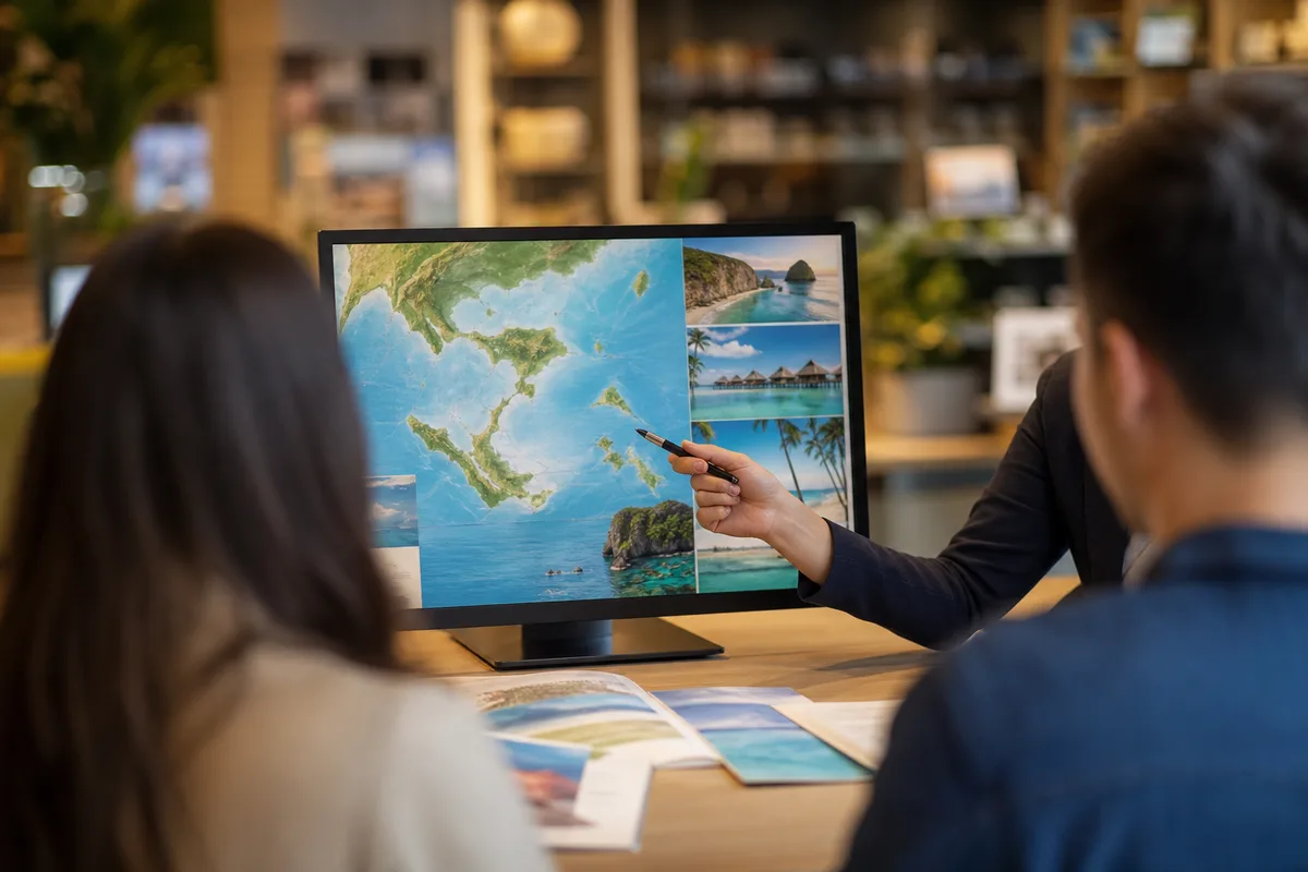 Conseillère en agence de voyage présentant une destination sur un écran à un client