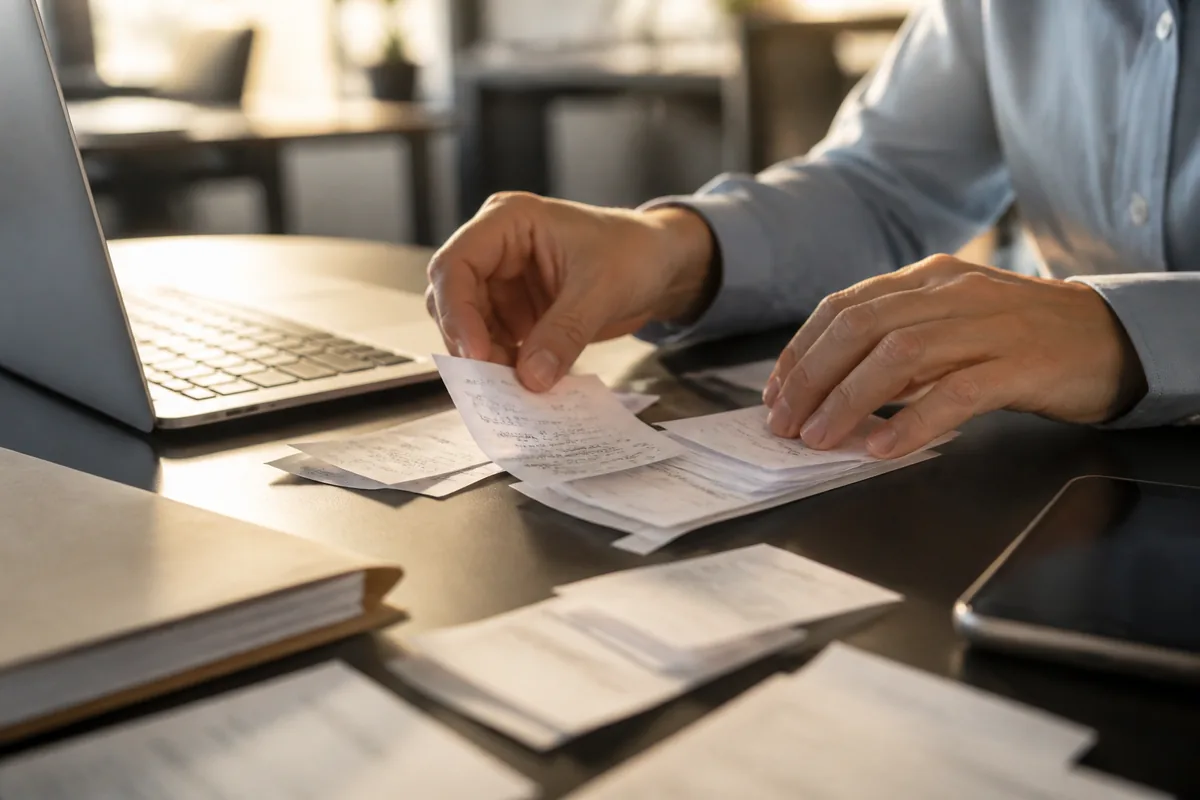 Mains classant des justificatifs de frais à côté d’un ordinateur portable sur un bureau