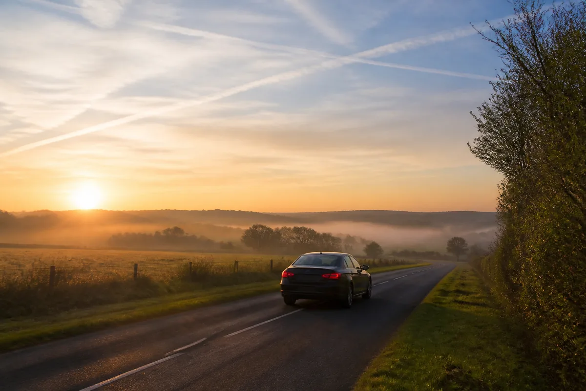 Voiture roulant sur une route de campagne bordée d’arbres au petit matin