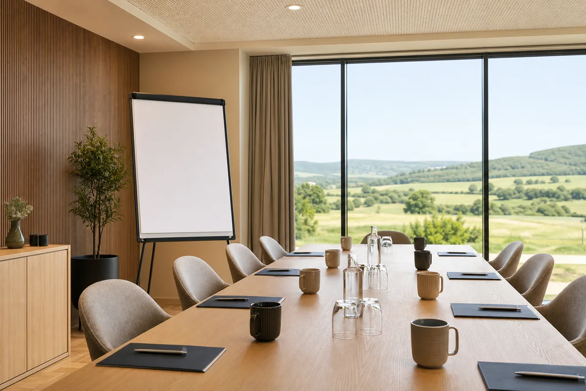 Salle de réunion lumineuse préparée pour un séminaire avec paperboard et carnets