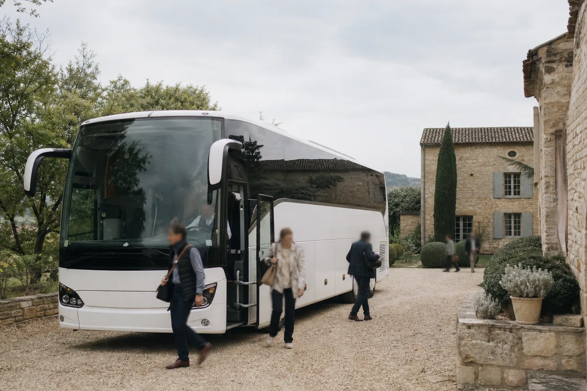 Autocar de tourisme stationné devant un domaine en pierre à la campagne