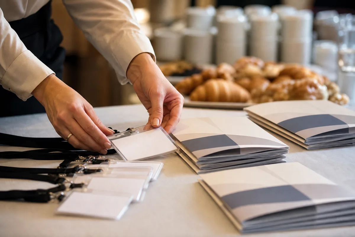 Mains disposant des badges nominatifs et des programmes sur une table d’accueil