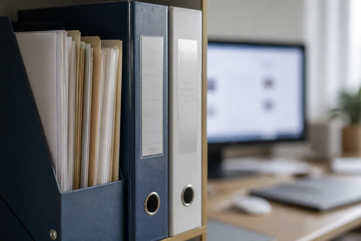 Bureau de gestion d’assurance avec dossiers classés et écran d’ordinateur en arrière-plan flou, lumière du matin