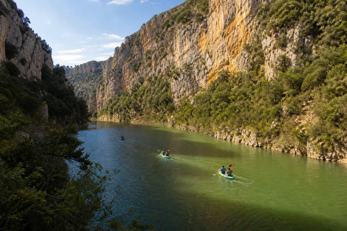 Groupe de collègues en gilets de sauvetage pagayant en canoë sur une rivière encaissée