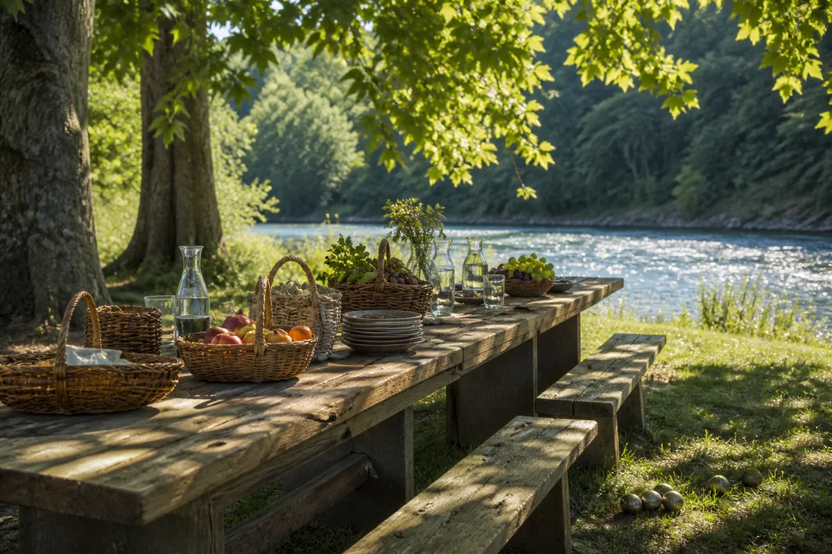 Table de pique-nique en bois dressée au bord de l&rsquo;eau à l&rsquo;ombre des arbres