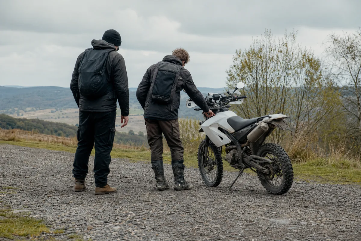 Deux silhouettes de dos près d&rsquo;une moto trail garée dans un parking de campagne, lumière douce