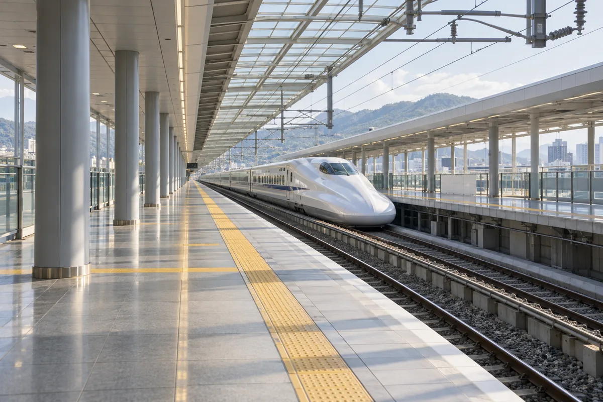 Train à grande vitesse blanc à l’arrêt le long d’un quai de gare japonaise