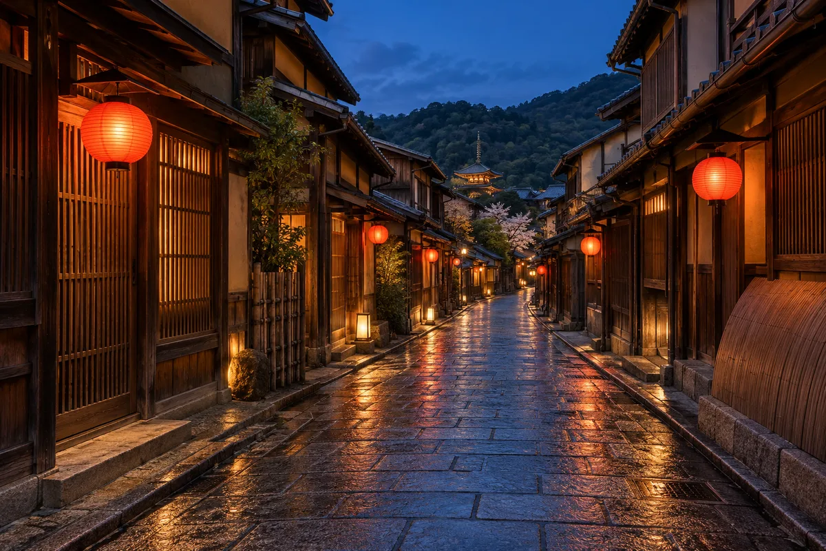 Ruelle traditionnelle de Kyoto aux maisons de bois et lanternes rouges au crépuscule