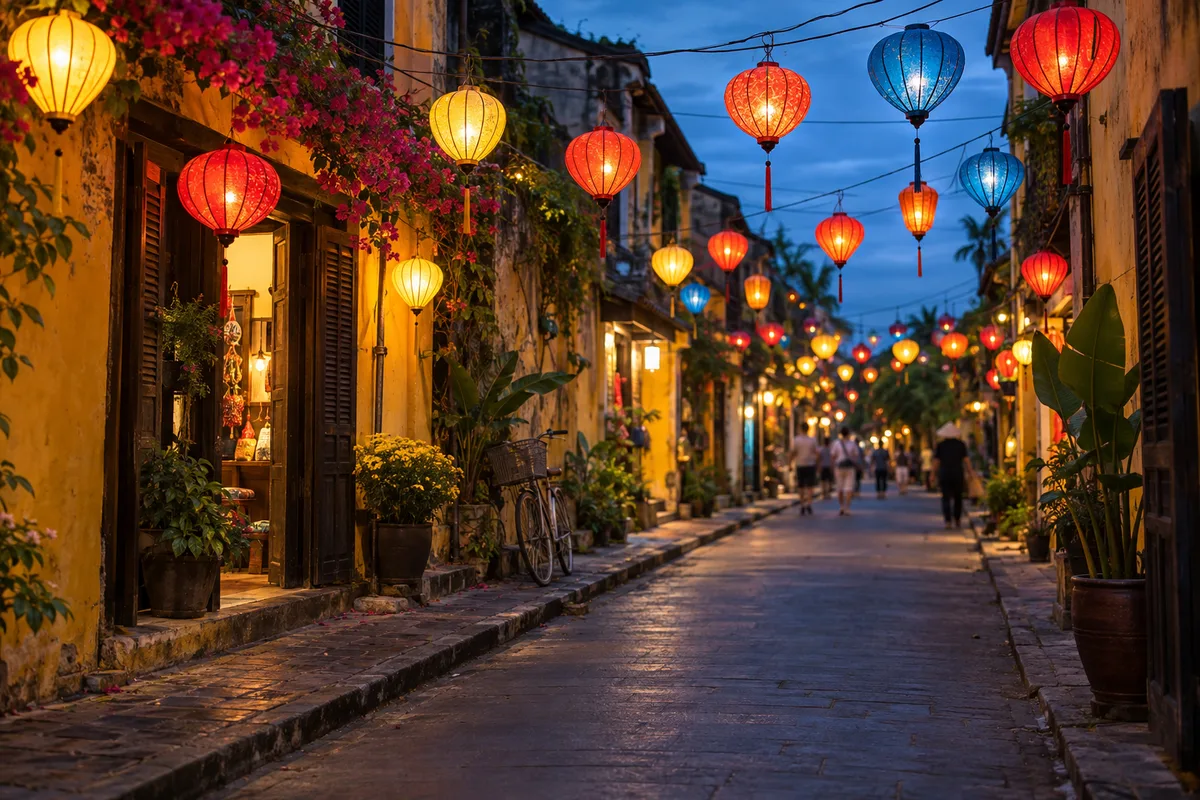 Ruelle de vieille ville ornée de lanternes de soie colorées au crépuscule