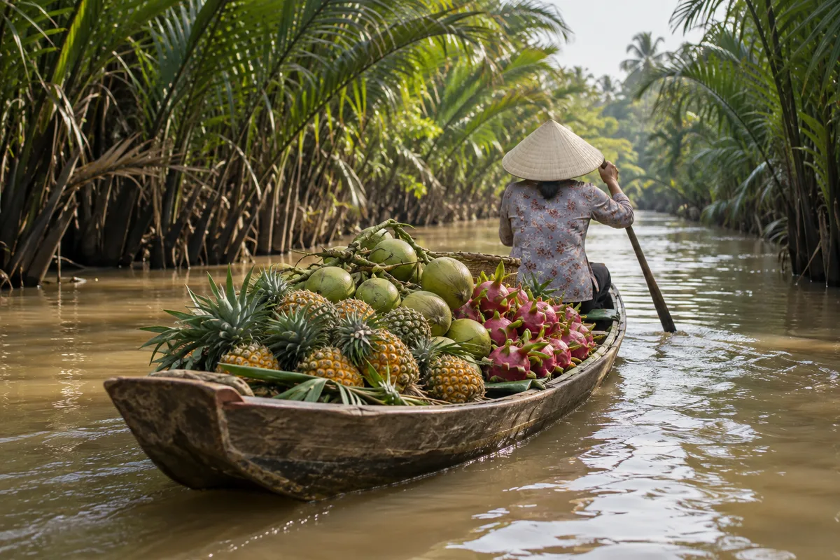 Barque chargée de fruits tropicaux sur un canal bordé de palmiers dans un delta