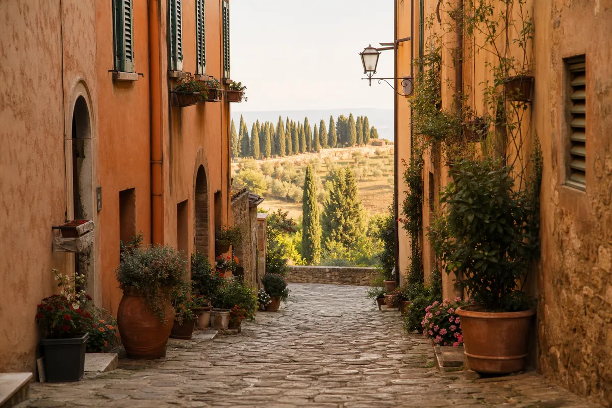 Ruelle toscane avec façades ocre et cyprès en arrière-plan