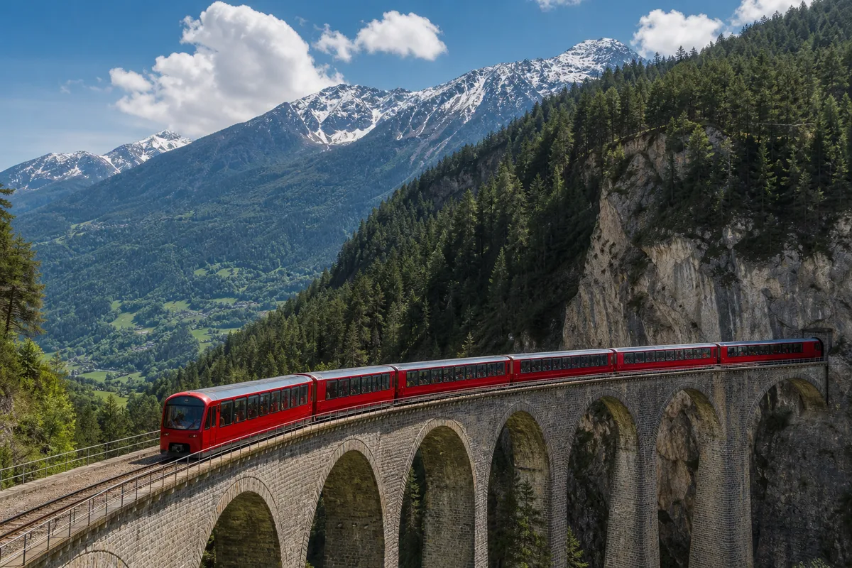 Train panoramique suisse traversant un viaduc en arc au-dessus d&rsquo;une vallée alpine