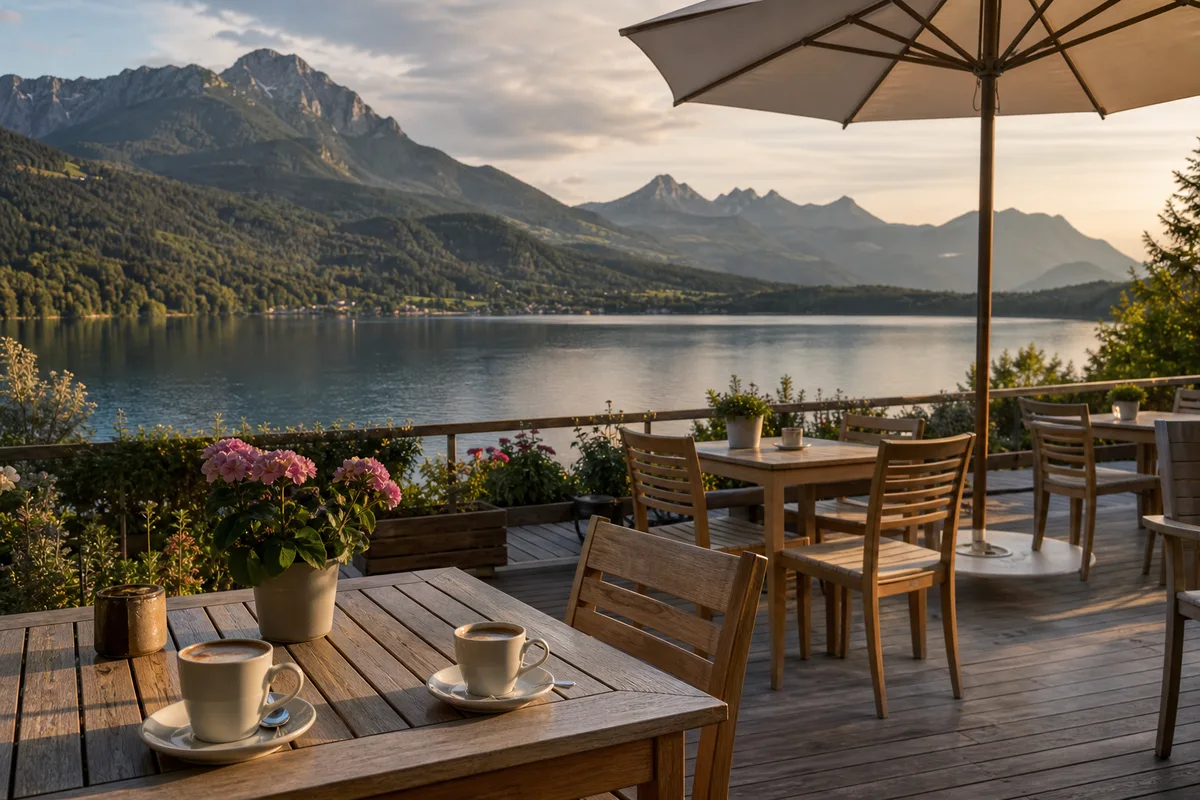Terrasse de café en bois avec vue sur un lac suisse et montagnes en arrière-plan