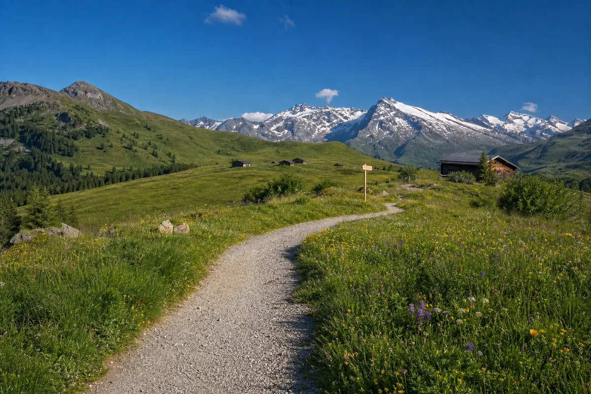 Sentier de randonnée alpin avec chalets en bois et sommets enneigés au loin